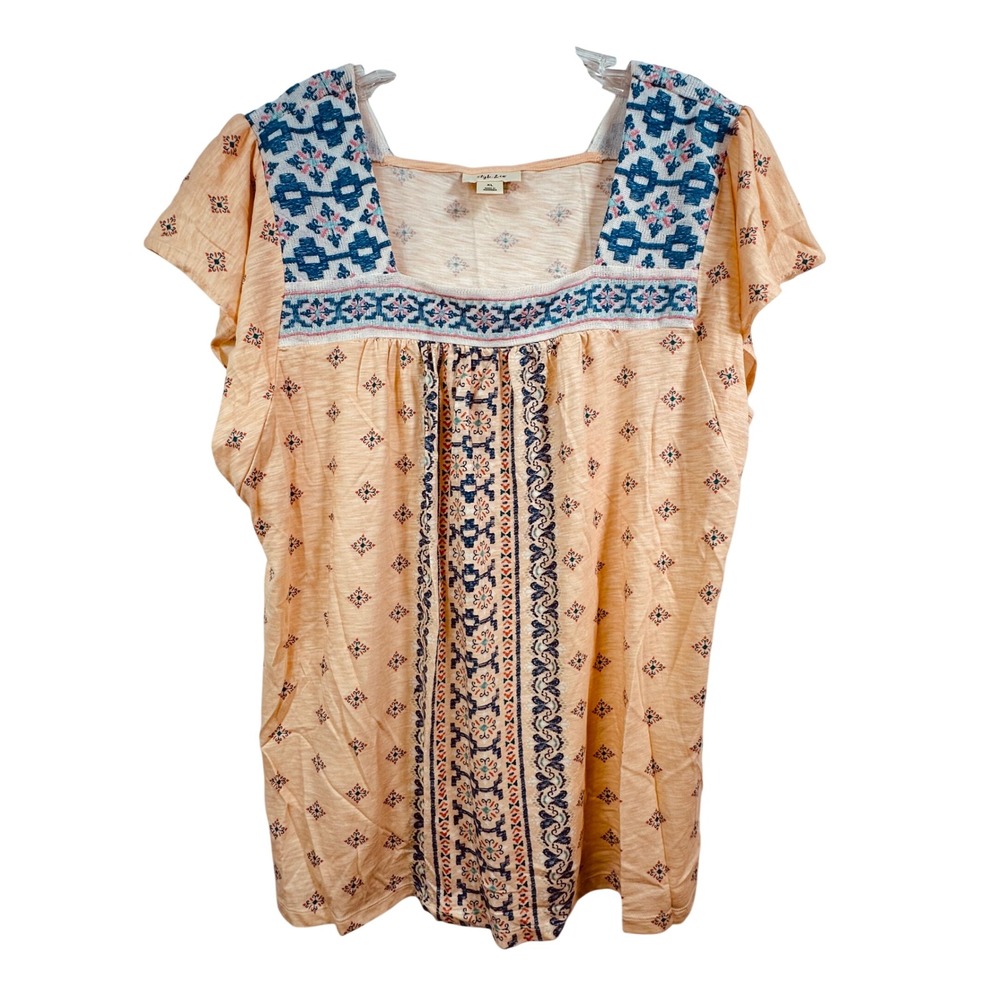 Style & Co Womens XL Peach Boho Embroidered Square Neck Flutter Sleeve Top